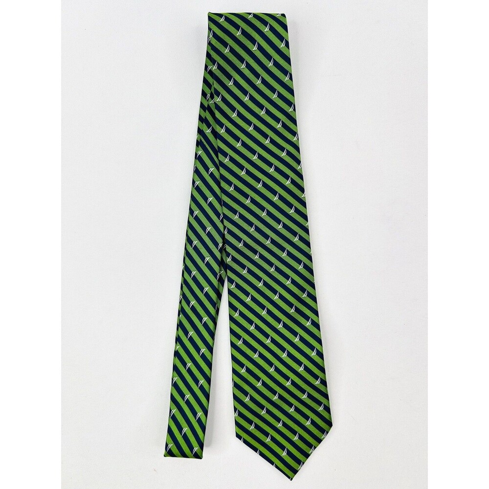 Nautica Neck Tie Men’s Green Blue Striped Regimen Silk Embroidered